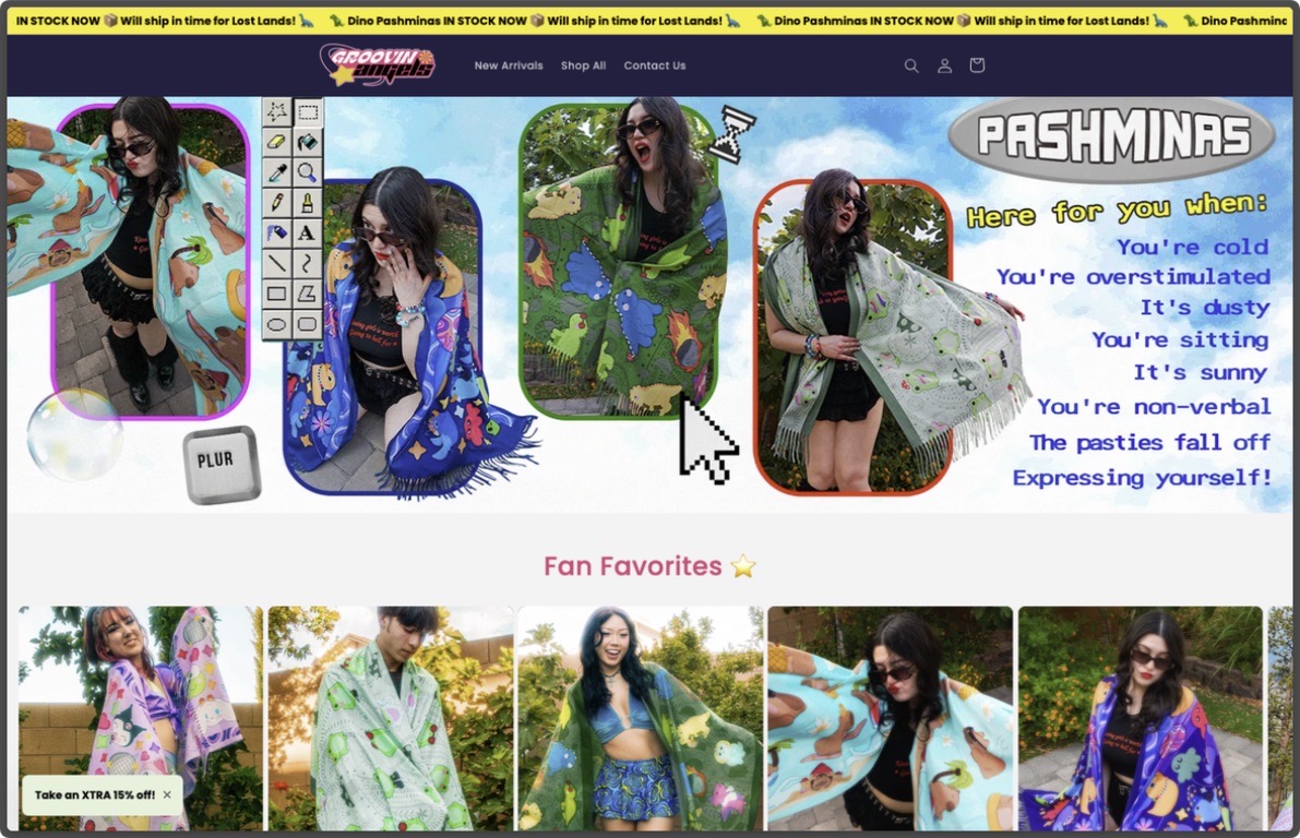 Groovin Angels website with its pink logo and illustrated pashmina campaign