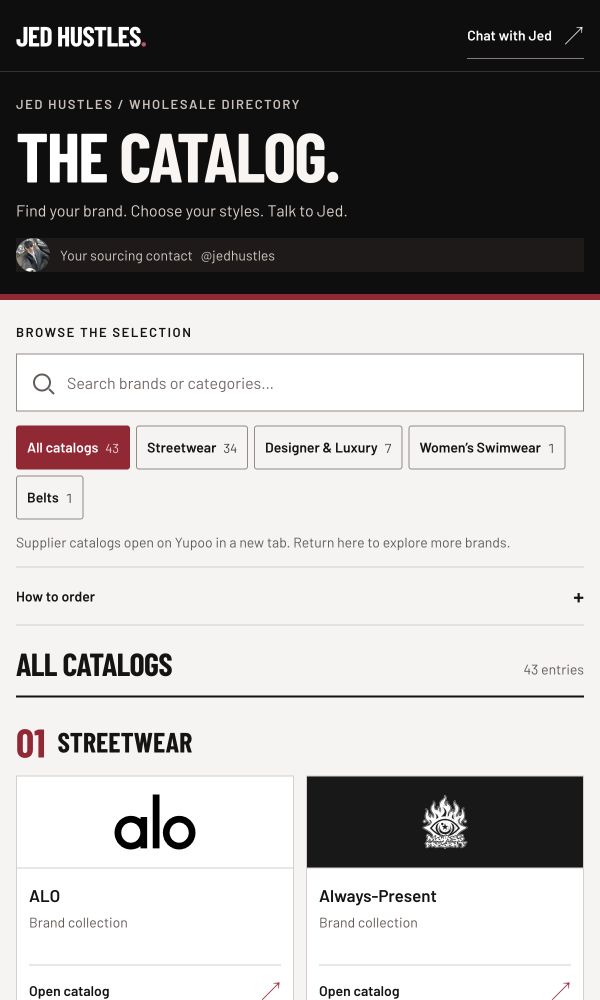 The Jed Hustles catalog showing brand search and collections