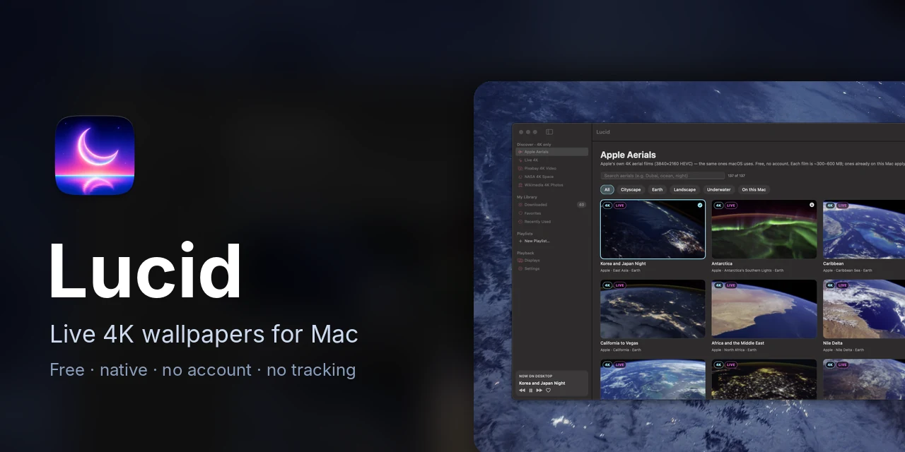 Lucid: the app window showing the Apple Aerials catalog